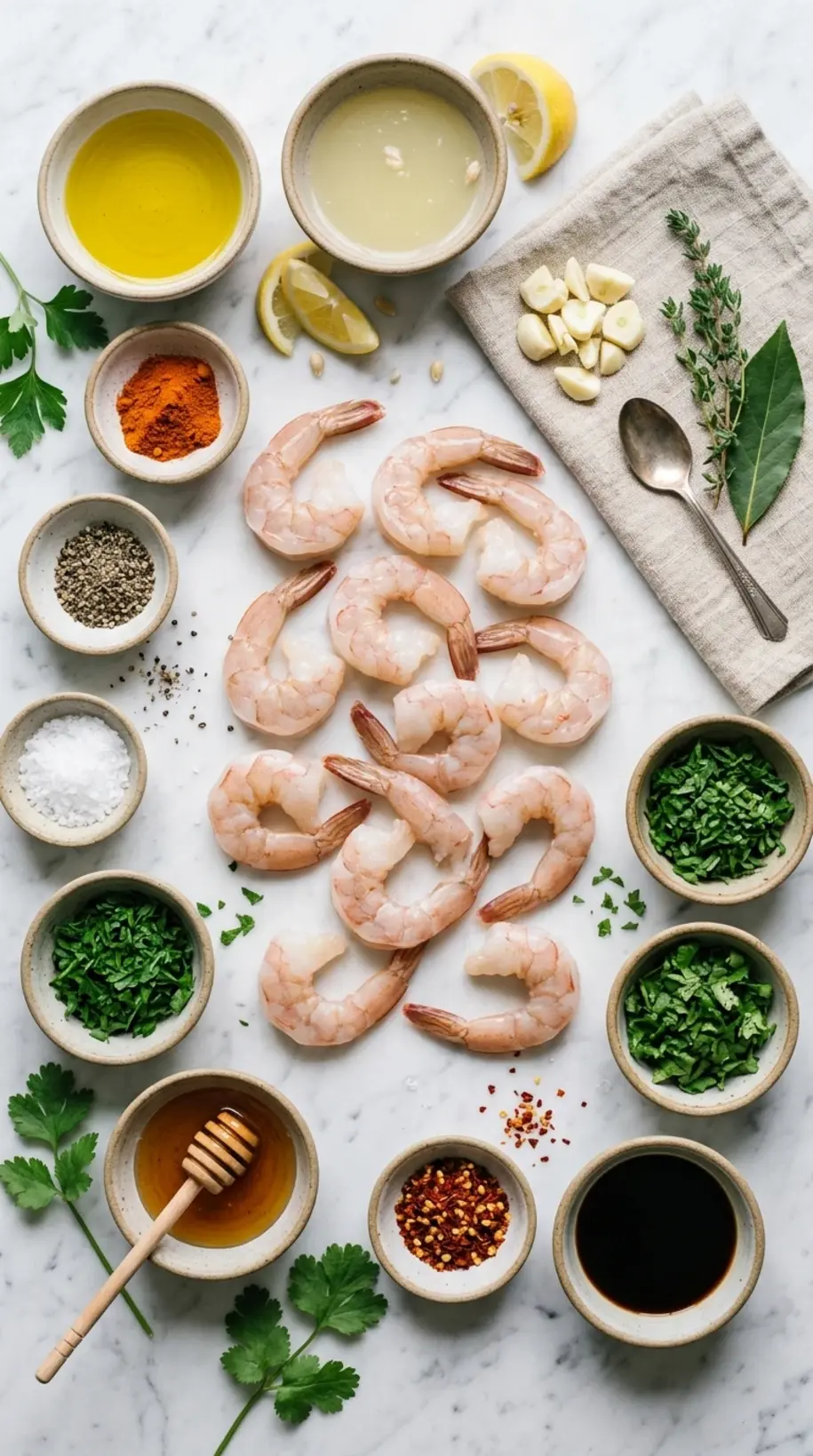 Ingredients for grilled shrimp skewers party