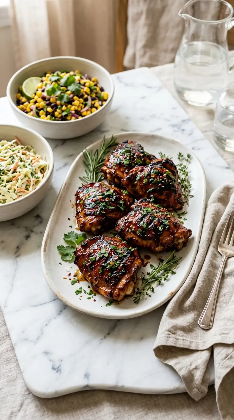BBQ chicken thighs sticky ready to serve