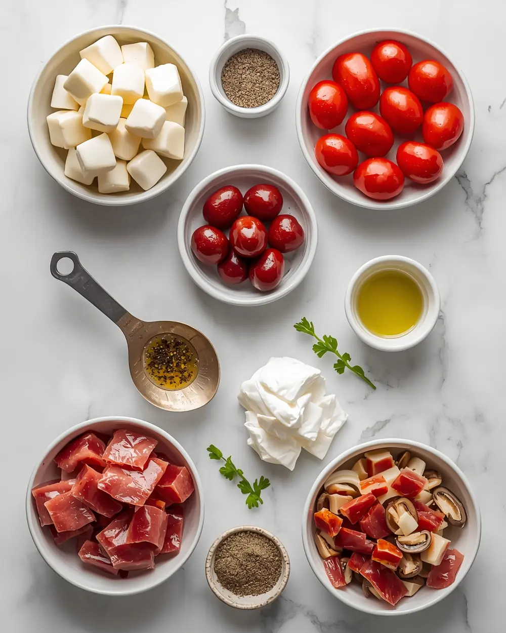 Ingredients for antipasto skewers olives crowd