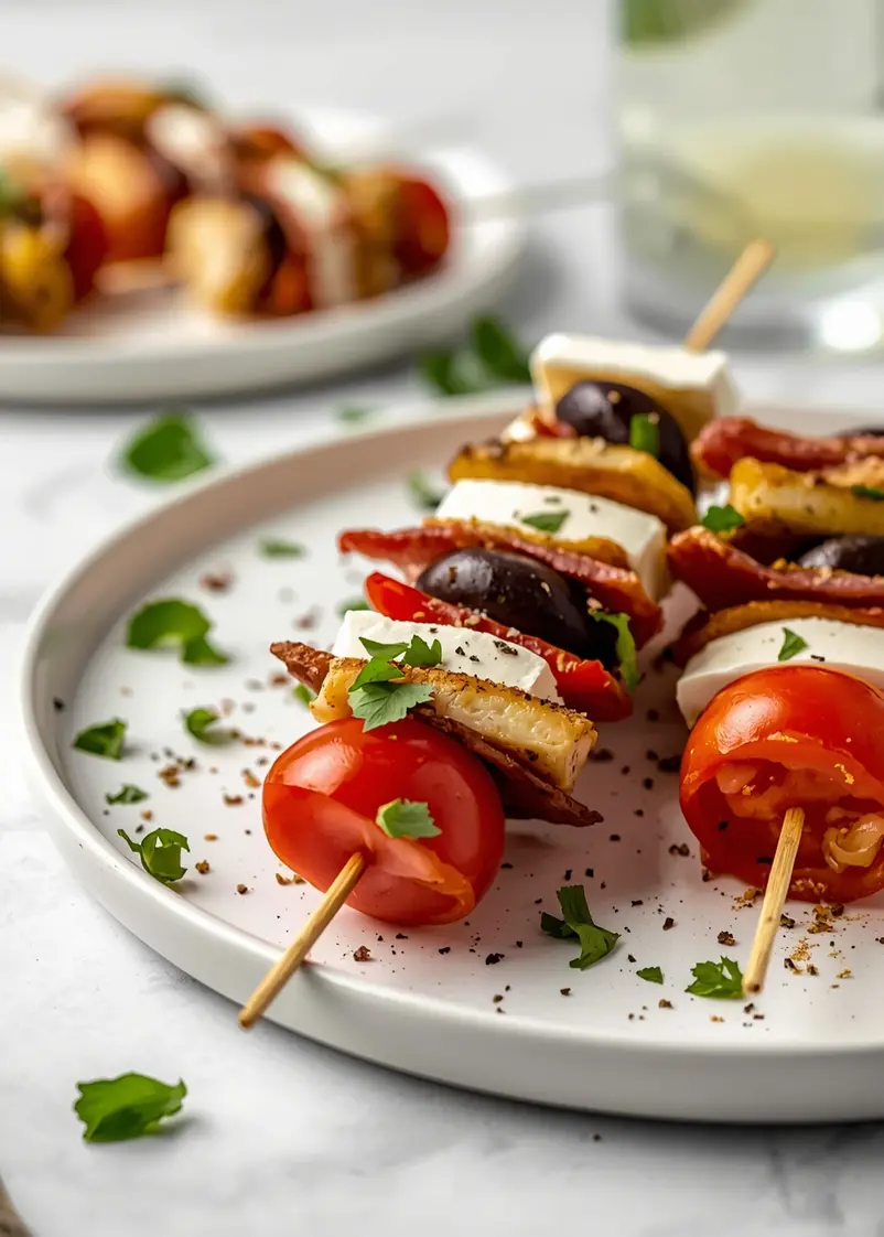 antipasto skewers olives crowd ready to serve