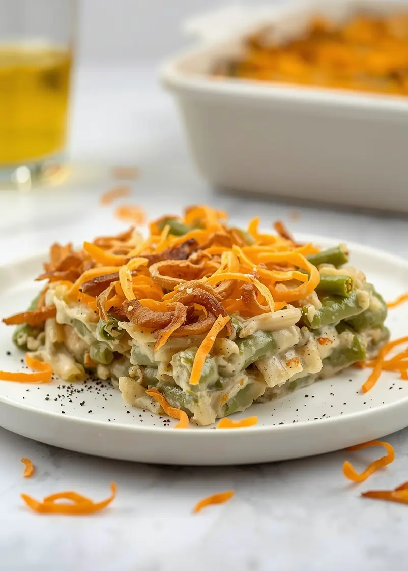 green bean casserole Thanksgiving sharing ready to serve