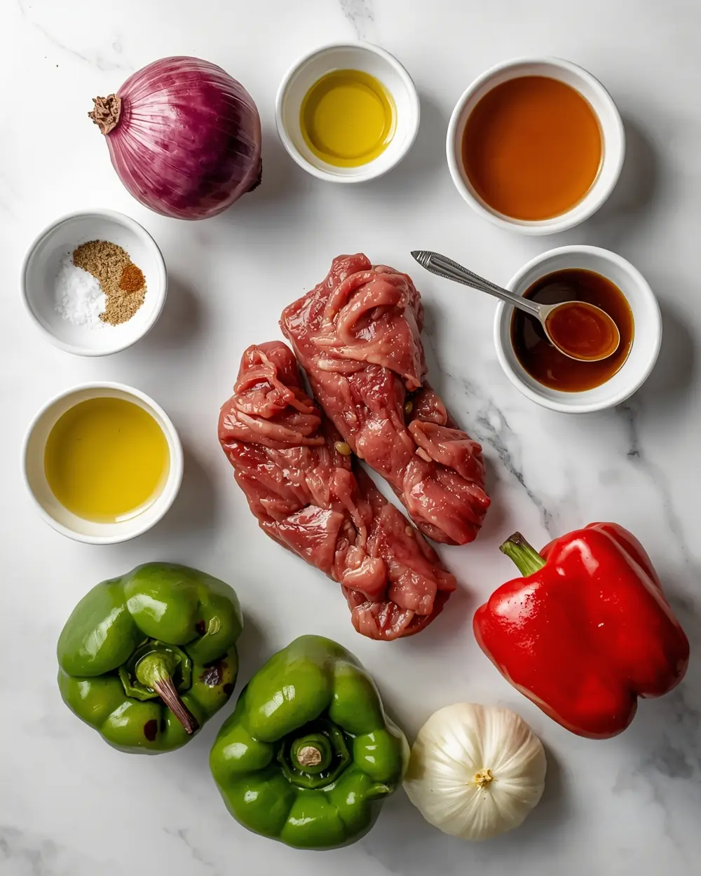 Ingredients for grilled beef kabobs pepper onion