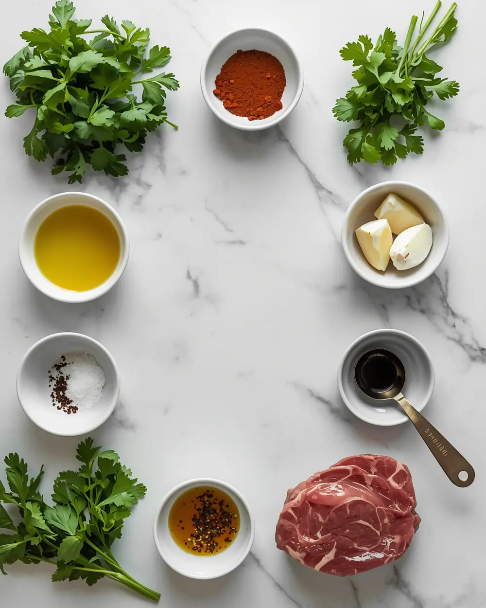 Ingredients for grilled beef skewers chimichurri