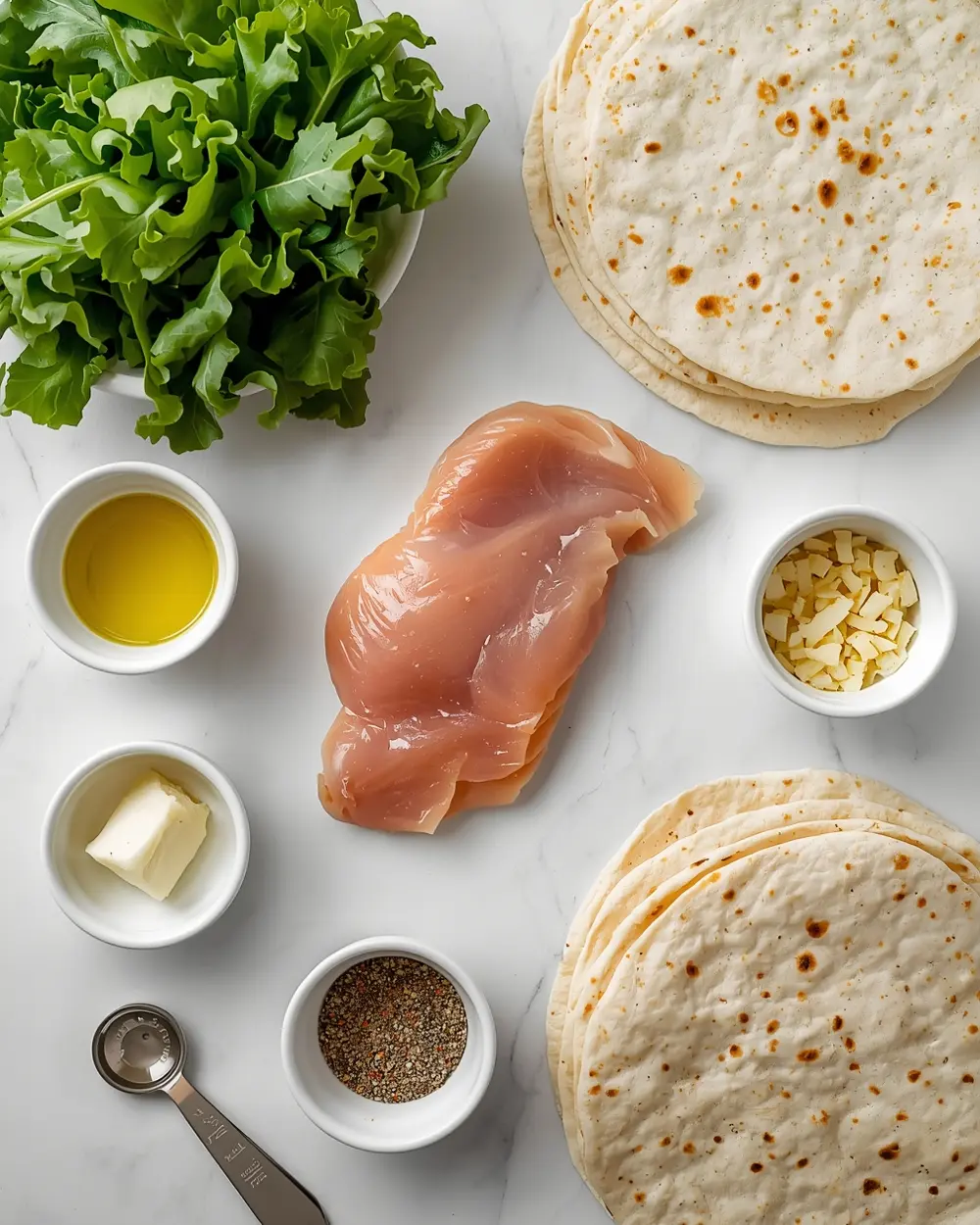 Ingredients for grilled chicken Caesar wraps crowd