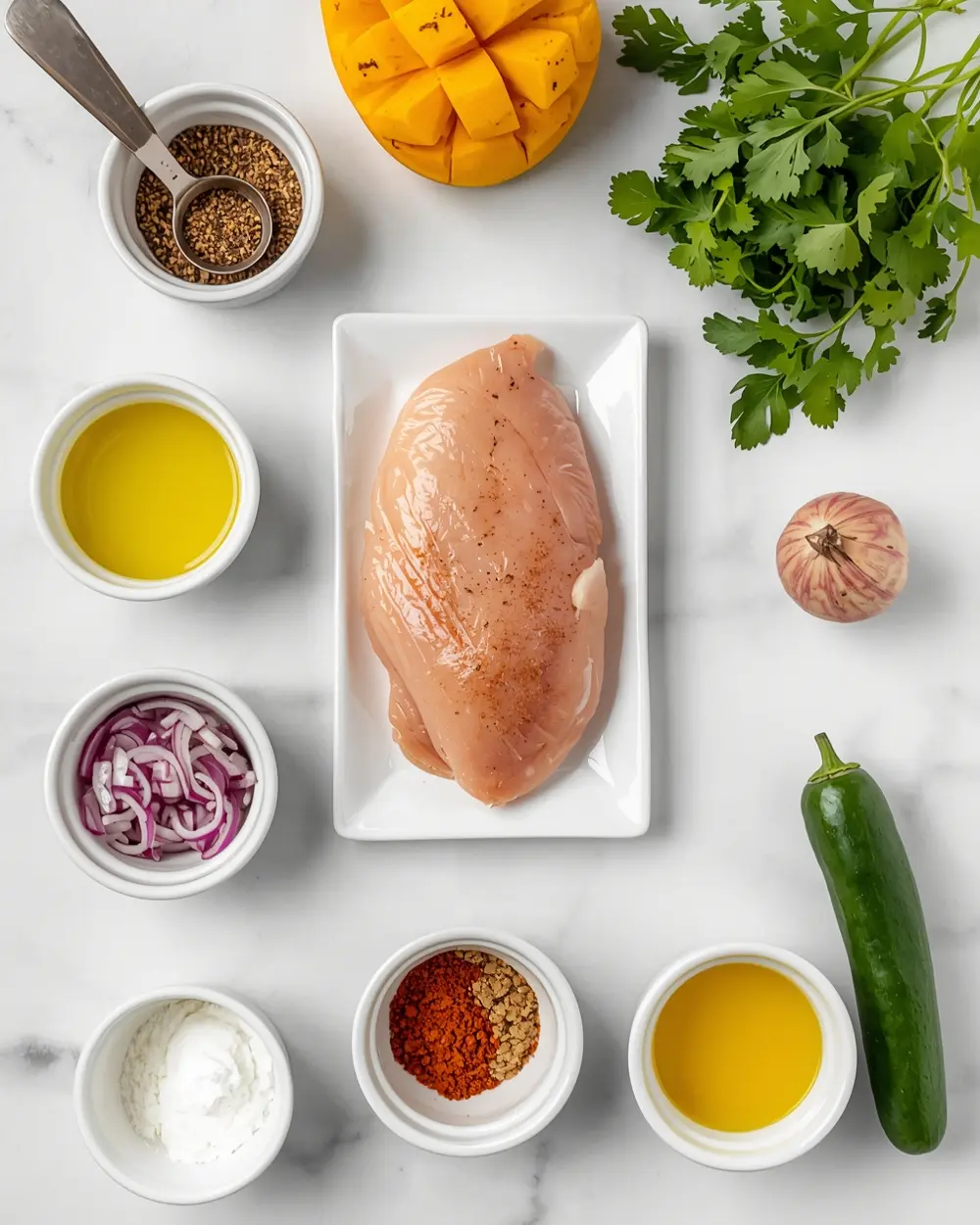Ingredients for grilled chicken mango salsa