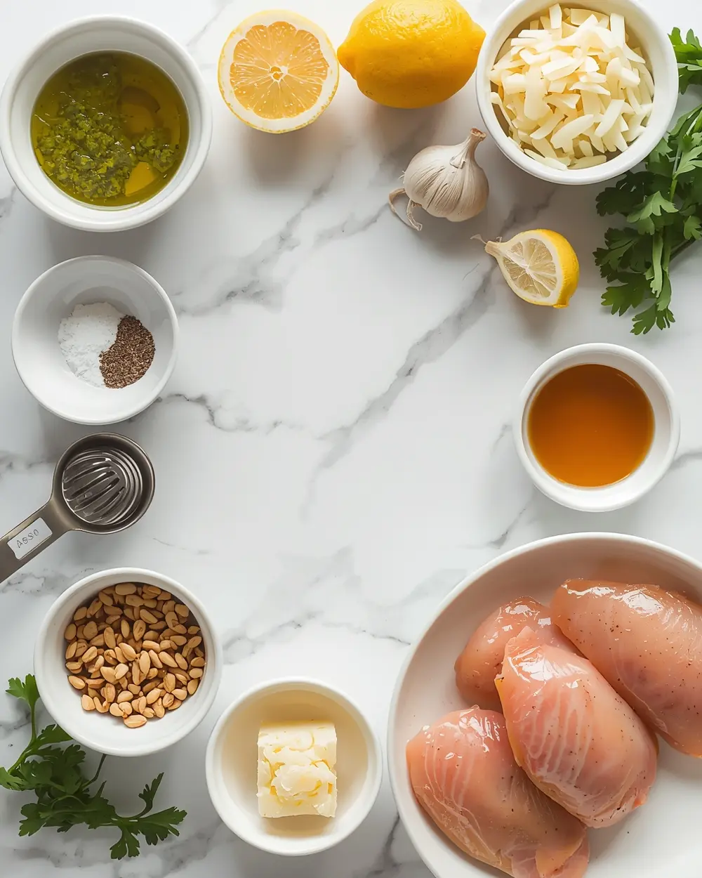 Ingredients for grilled chicken pesto crowd