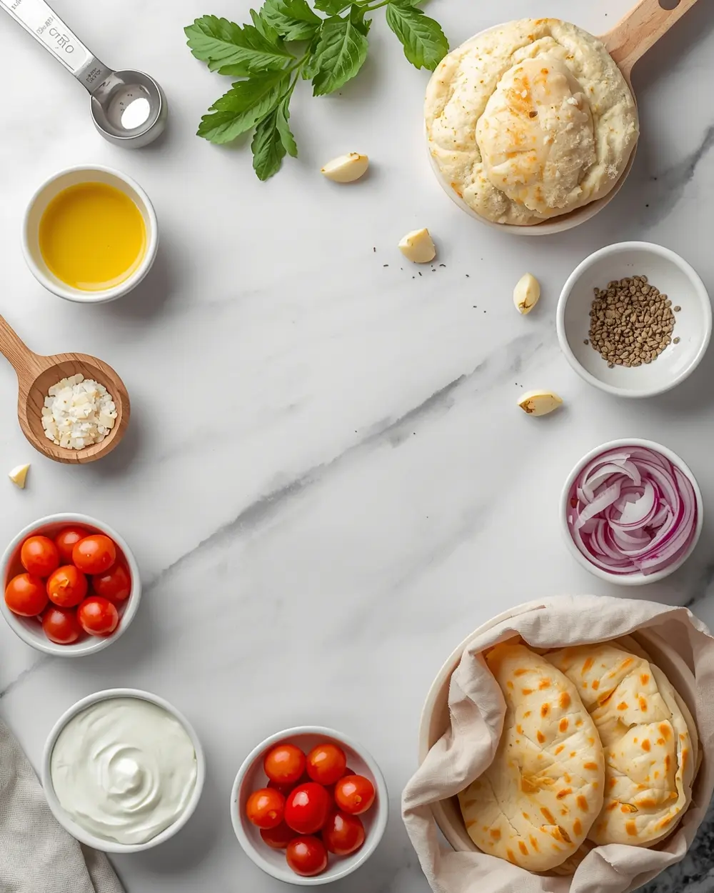 Ingredients for grilled chicken souvlaki Greek crowd