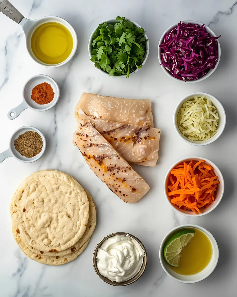 Ingredients for grilled fish tacos party platter