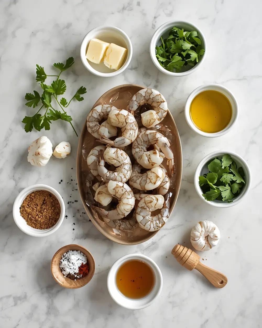 Ingredients for grilled shrimp skewers garlic butter