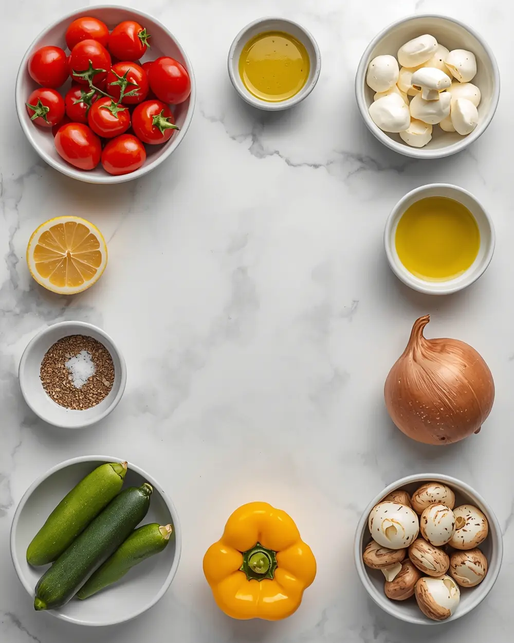 Ingredients for grilled veggie kabobs colorful