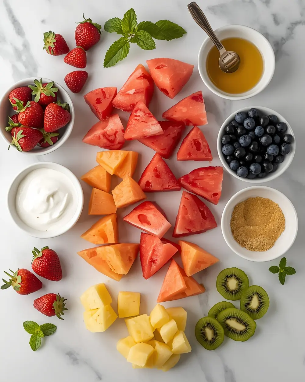 Ingredients for patriotic fruit skewers crowd