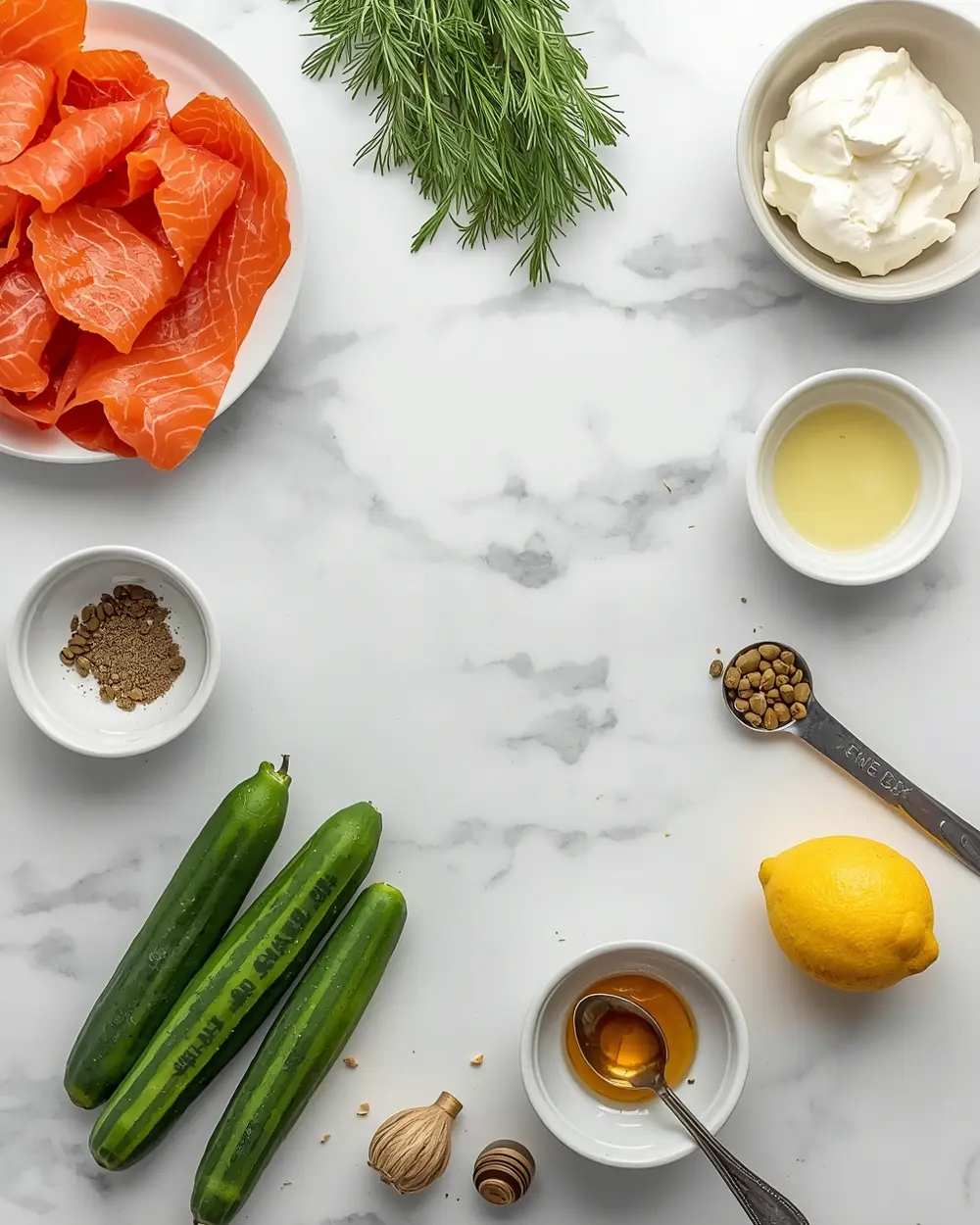 Ingredients for smoked salmon cucumber crowd