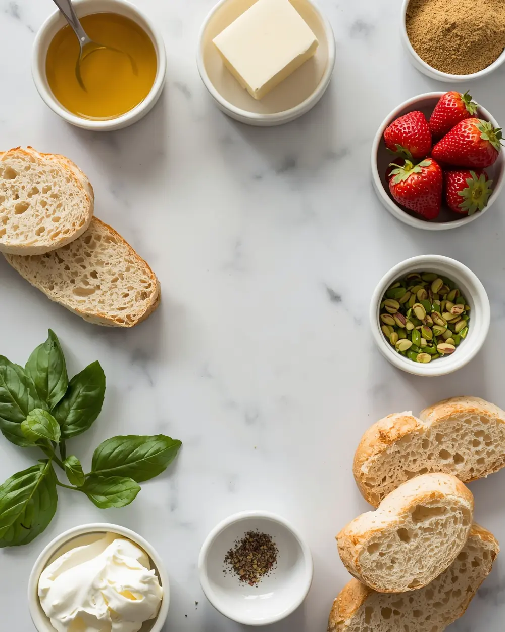 Ingredients for strawberry basil bruschetta party