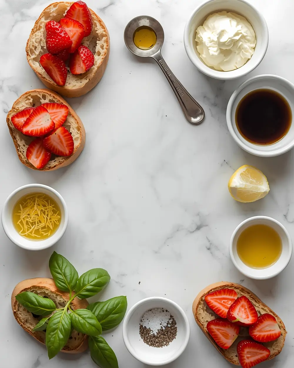 Ingredients for strawberry basil bruschetta party
