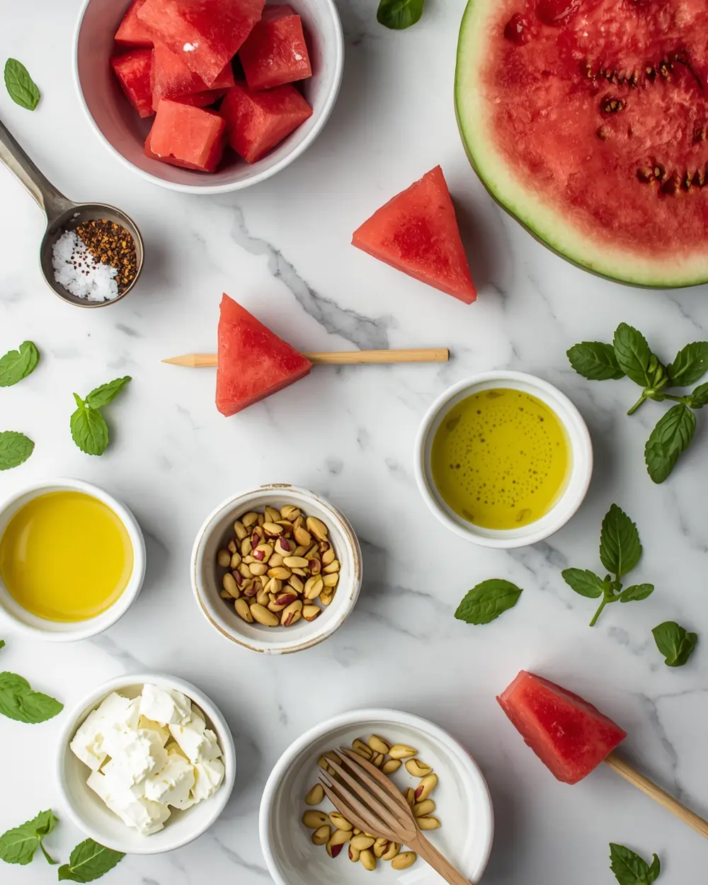 Ingredients for watermelon feta skewers party