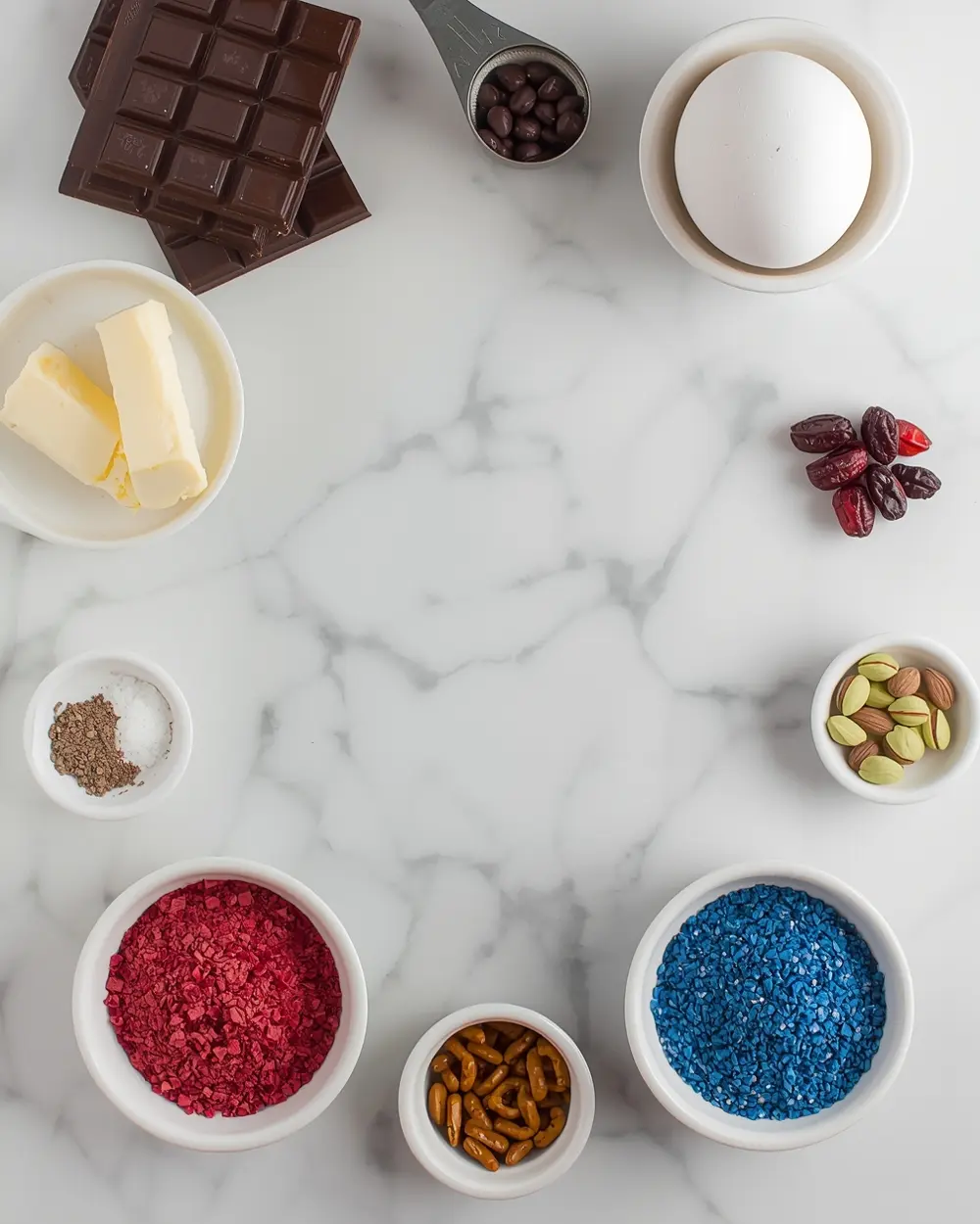 Ingredients for 4th of july chocolate bark crowd