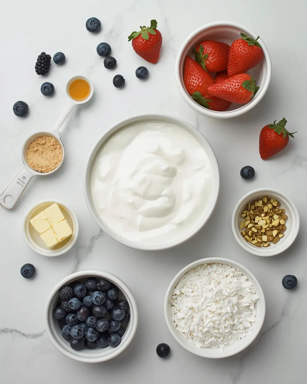 Ingredients for 4th of july frozen yogurt bark crowd