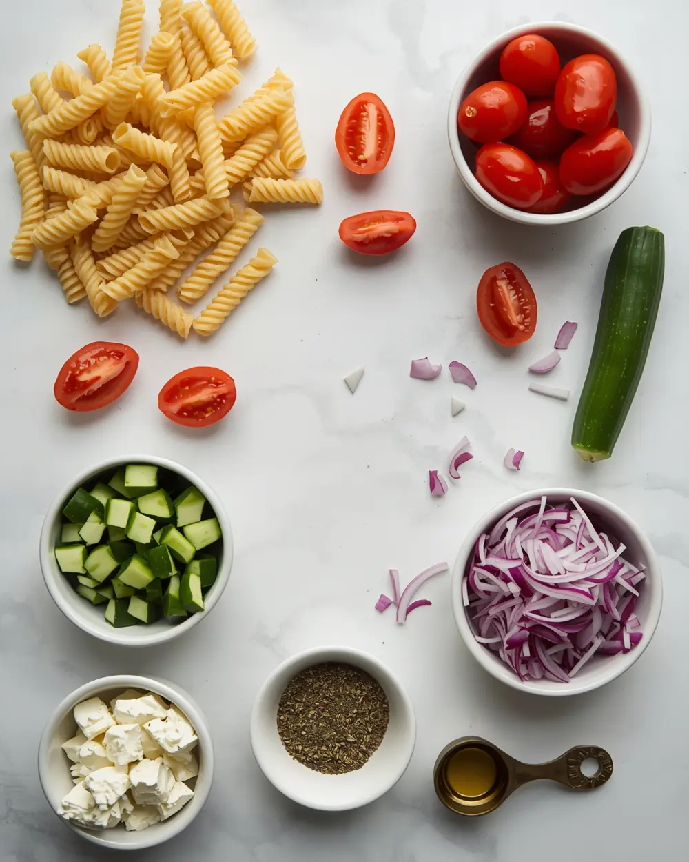 Ingredients for Greek pasta salad crowd summer