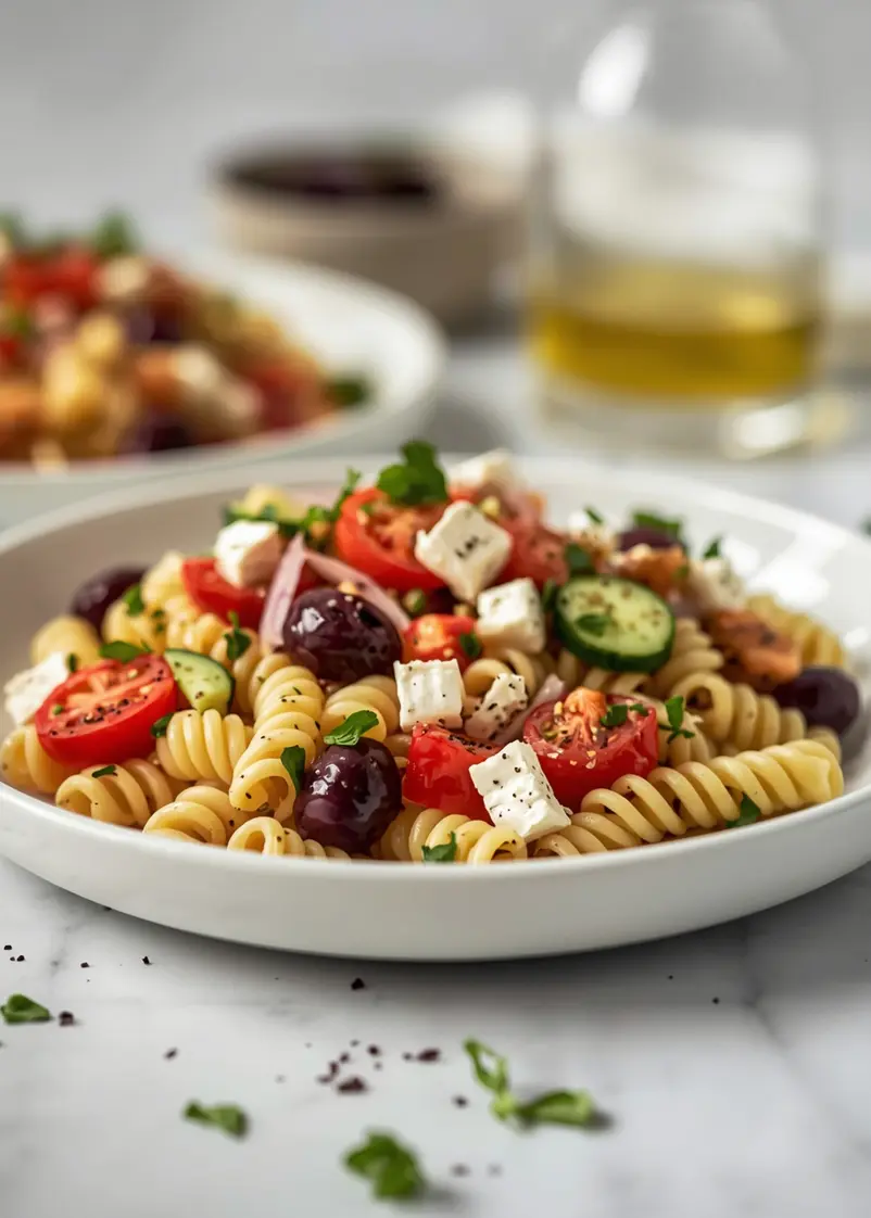 Greek pasta salad crowd summer ready to serve