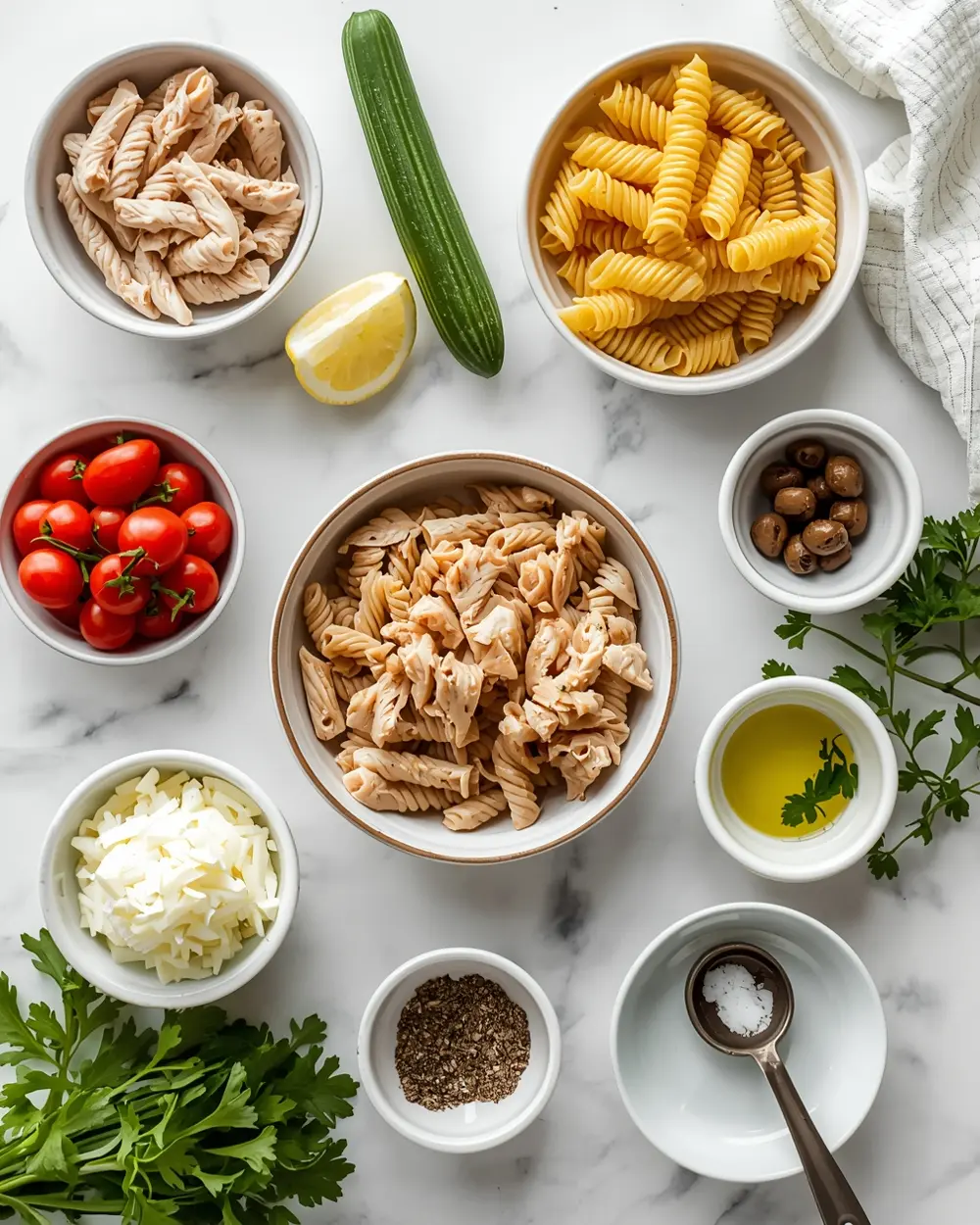 Ingredients for chicken pasta salad crowd summer