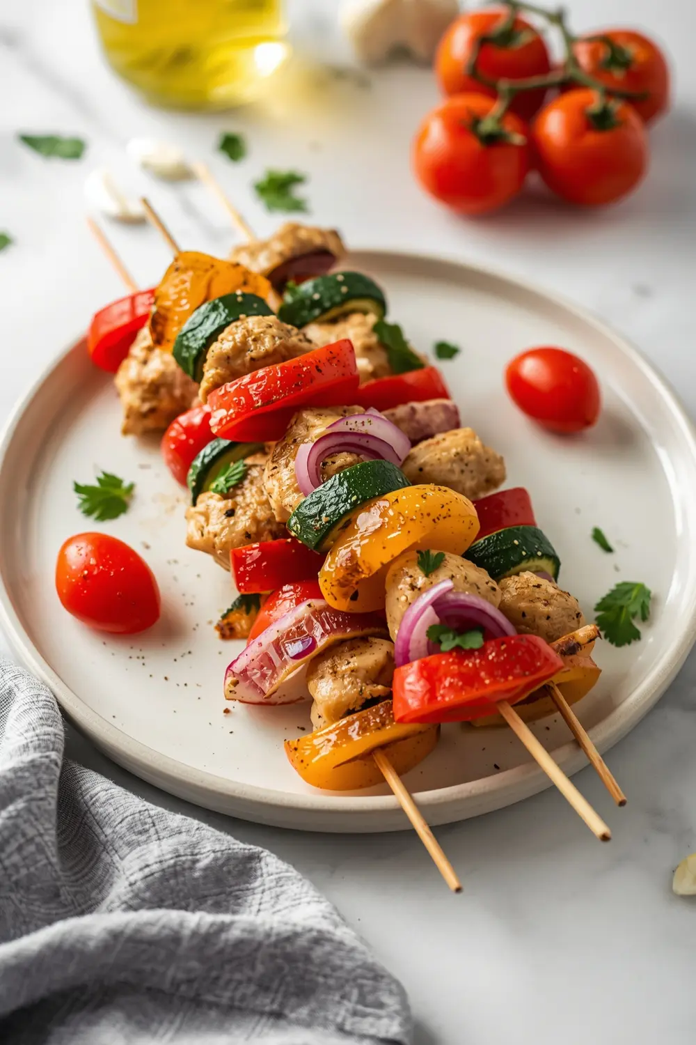 chicken vegetable skewers crowd summer
