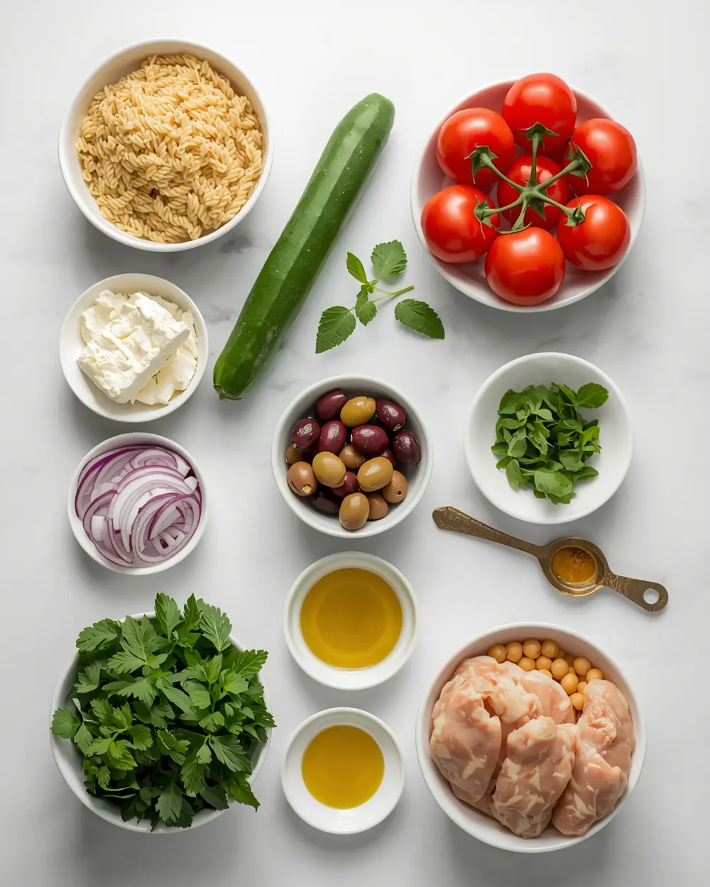 Ingredients for cold orzo salad crowd summer