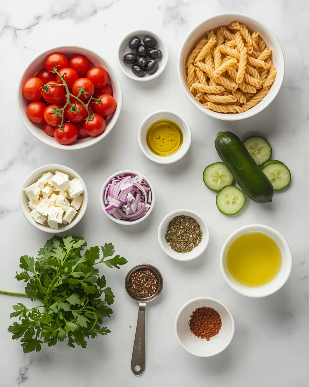 Ingredients for cold pasta salad crowd summer