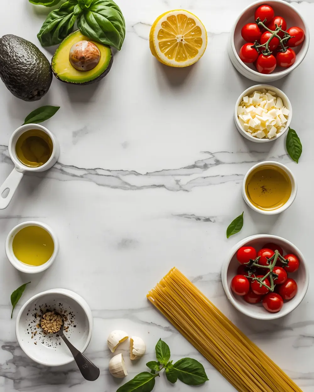 Ingredients for creamy avocado pasta crowd summer