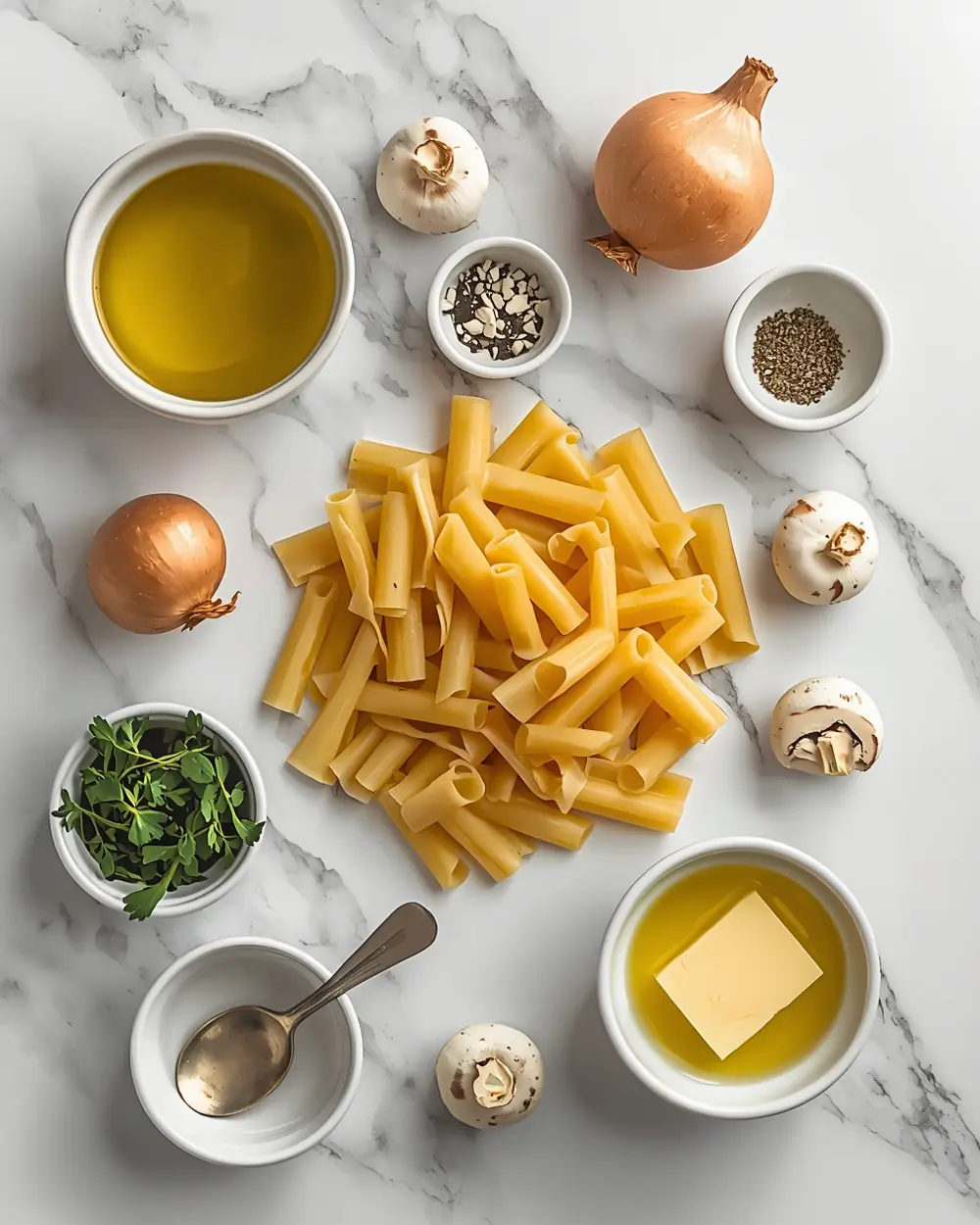 Ingredients for creamy mushroom pasta crowd summer