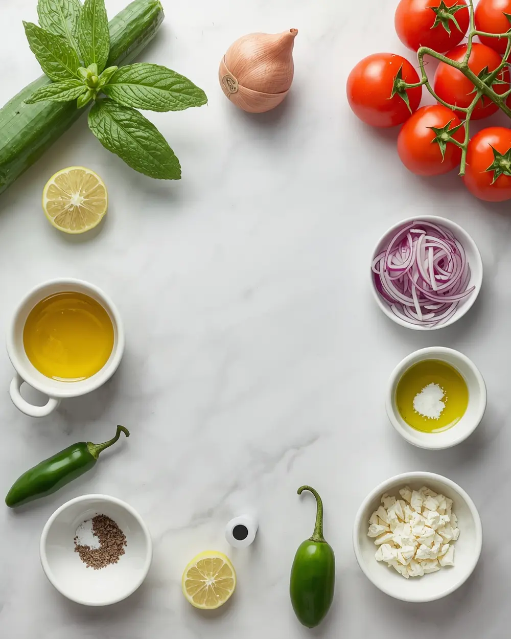 Ingredients for cucumber tomato avocado salad crowd