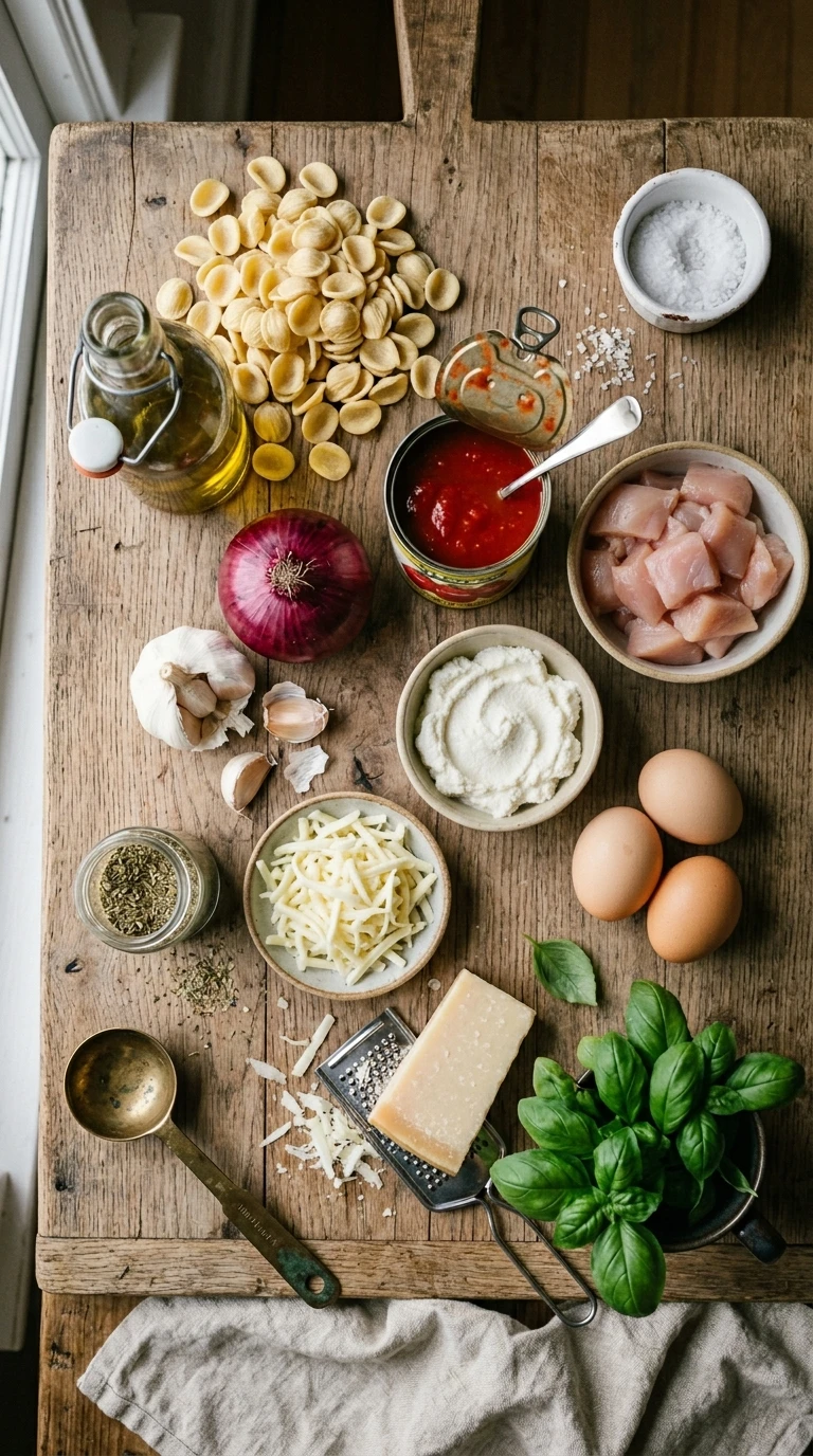 Ingredients for summer potluck pasta bake crowd