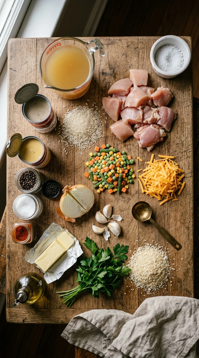 Ingredients for summer potluck chicken casserole crowd