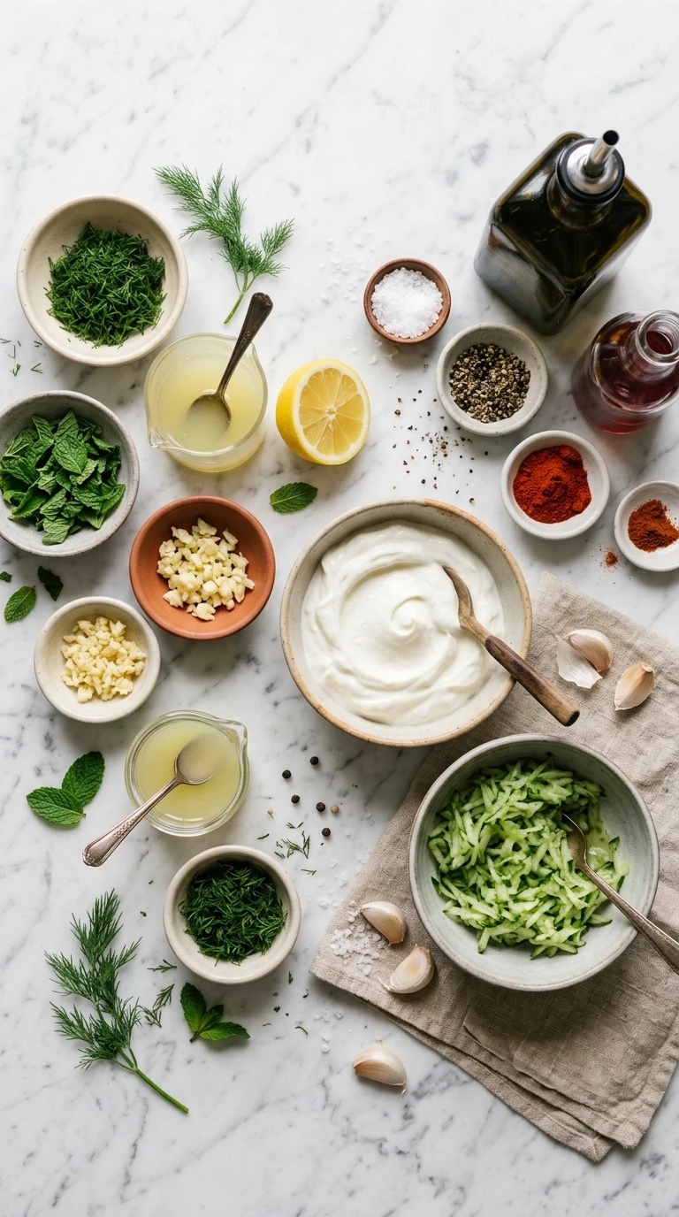 Ingredients for summer tzatziki dip crowd
