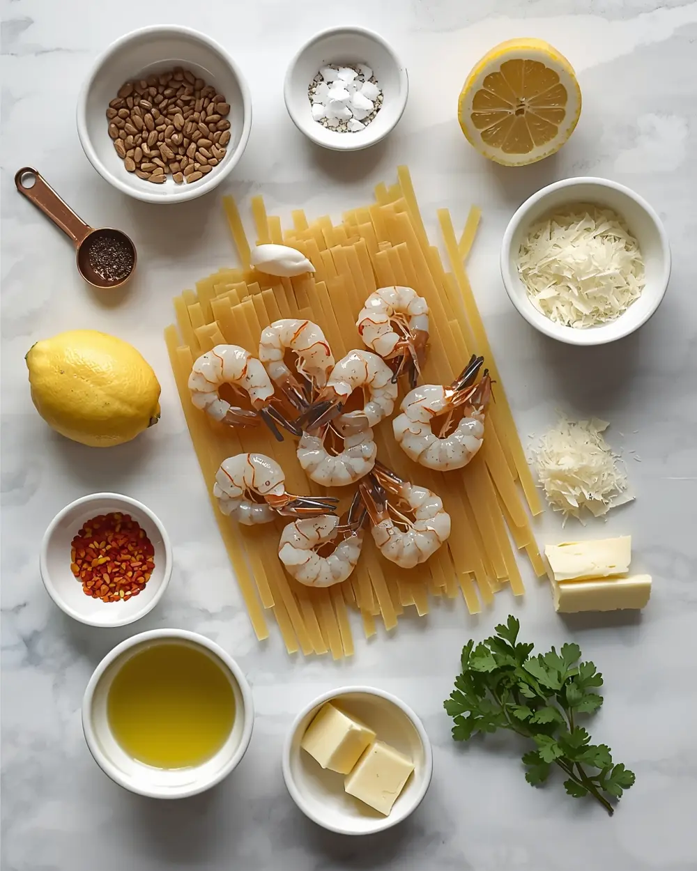Ingredients for lemon garlic shrimp pasta crowd summer