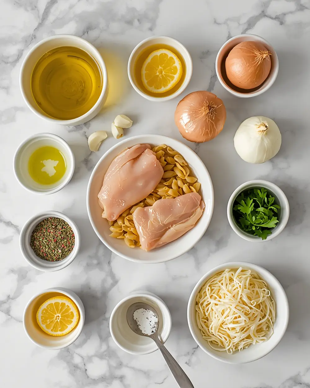 Ingredients for one pan lemon chicken orzo crowd