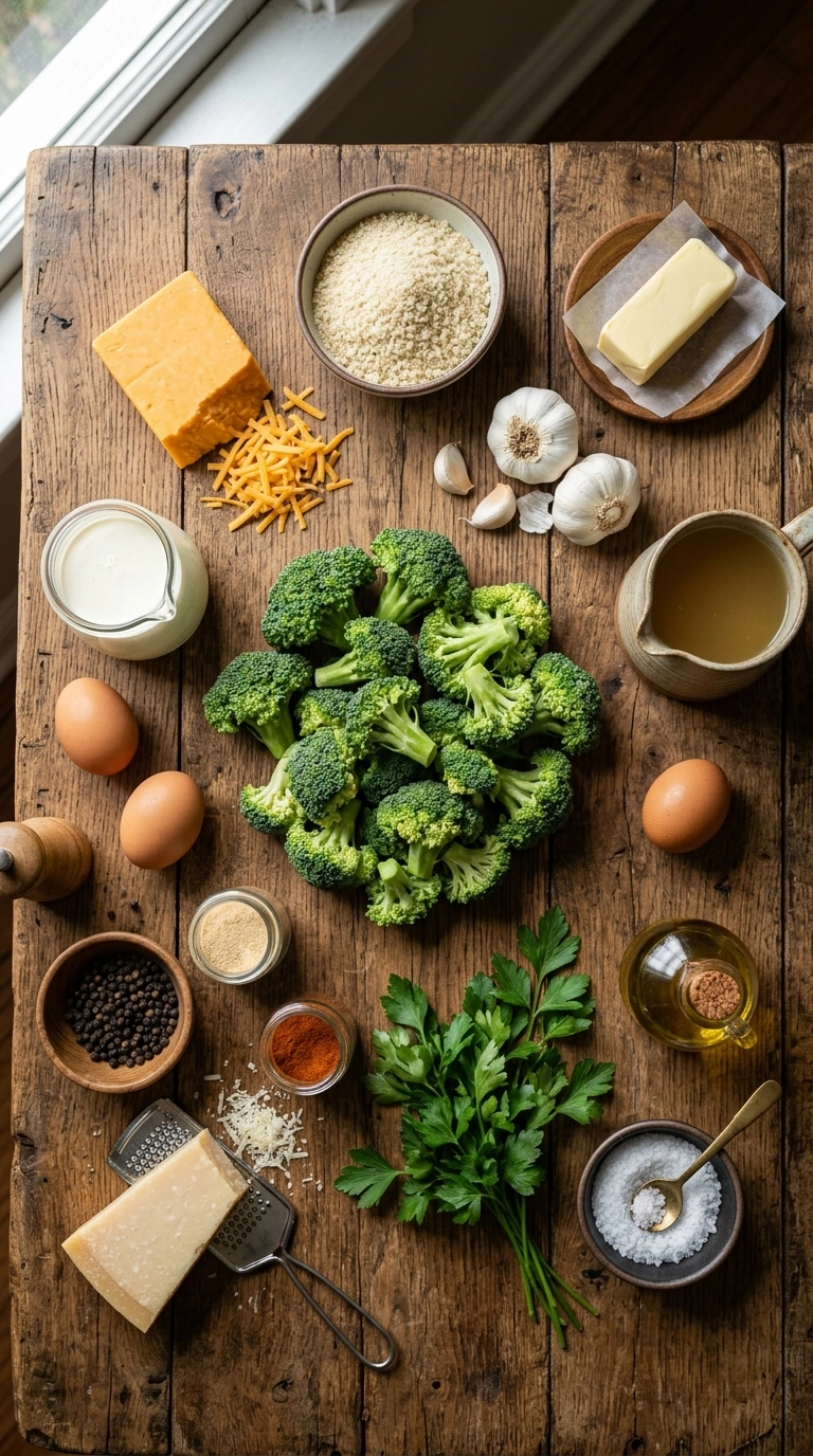 Ingredients for summer broccoli cheddar casserole crowd