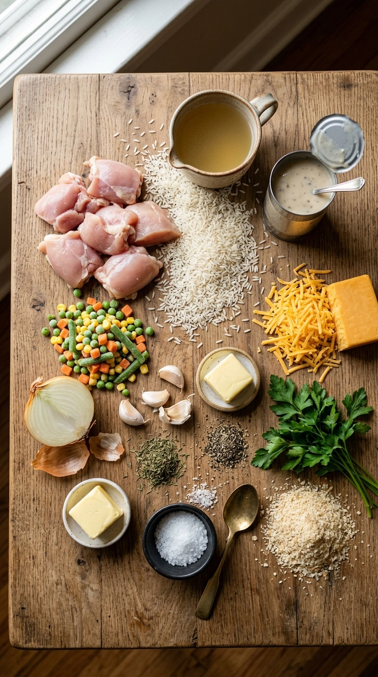 Ingredients for summer chicken rice casserole crowd