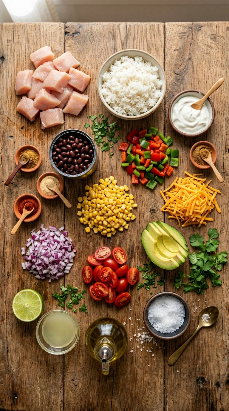 Ingredients for summer burrito bowl crowd dinner