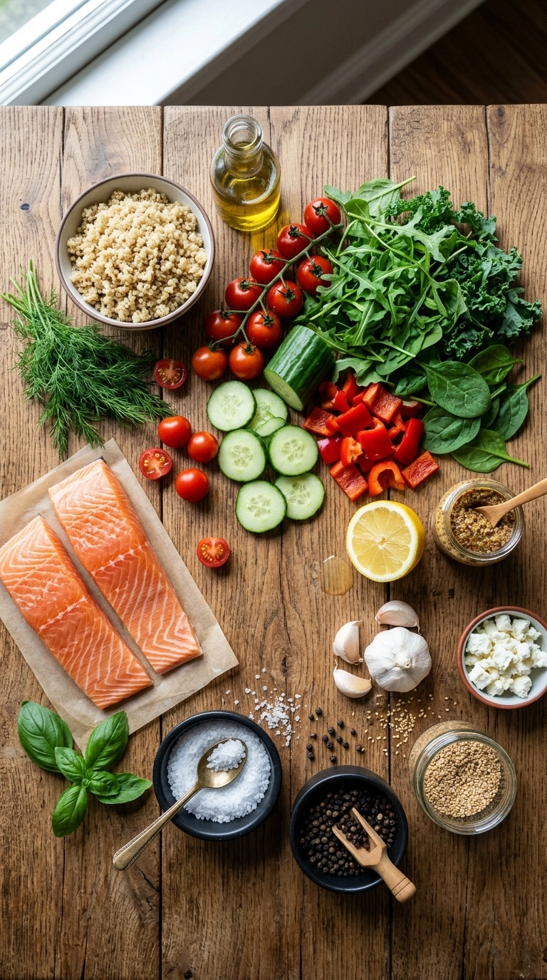 Ingredients for summer salmon bowl crowd dinner