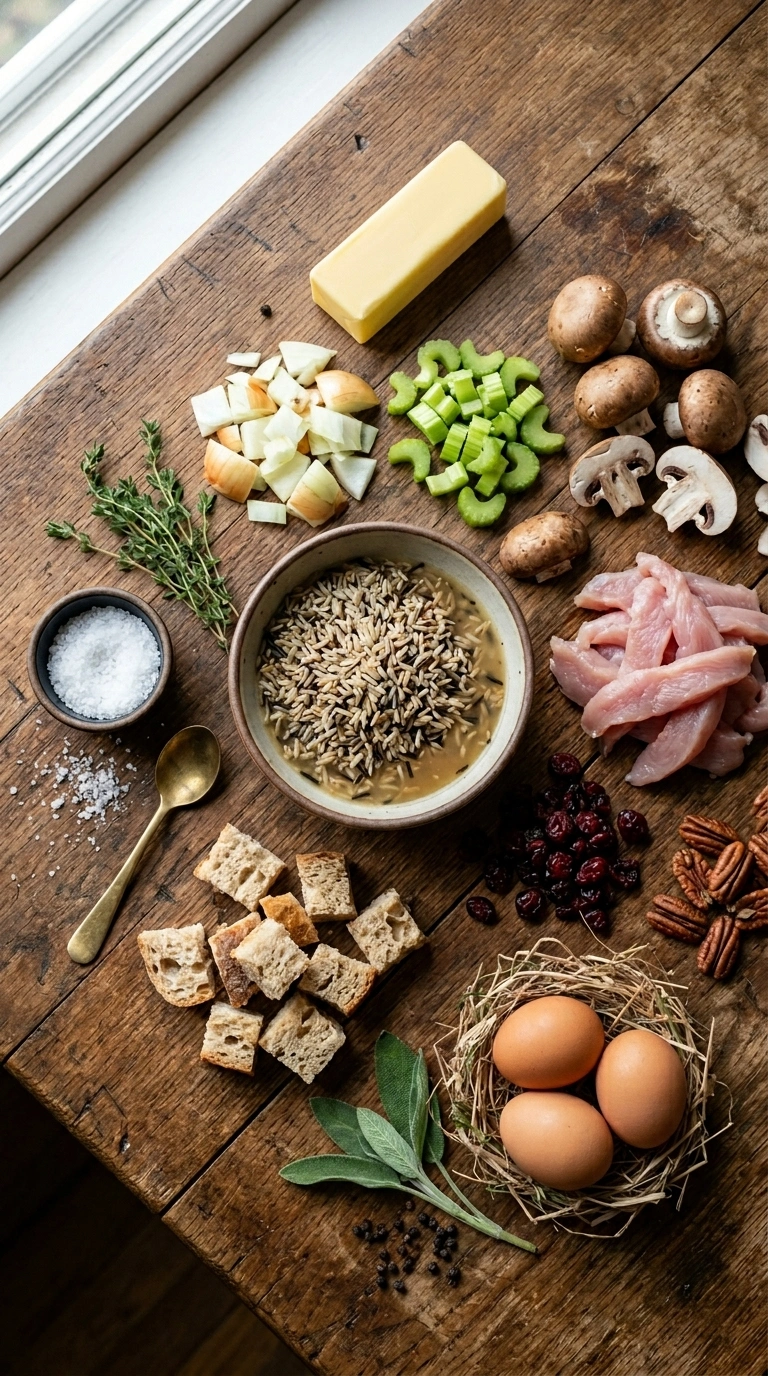 Ingredients for thanksgiving wild rice stuffing crowd