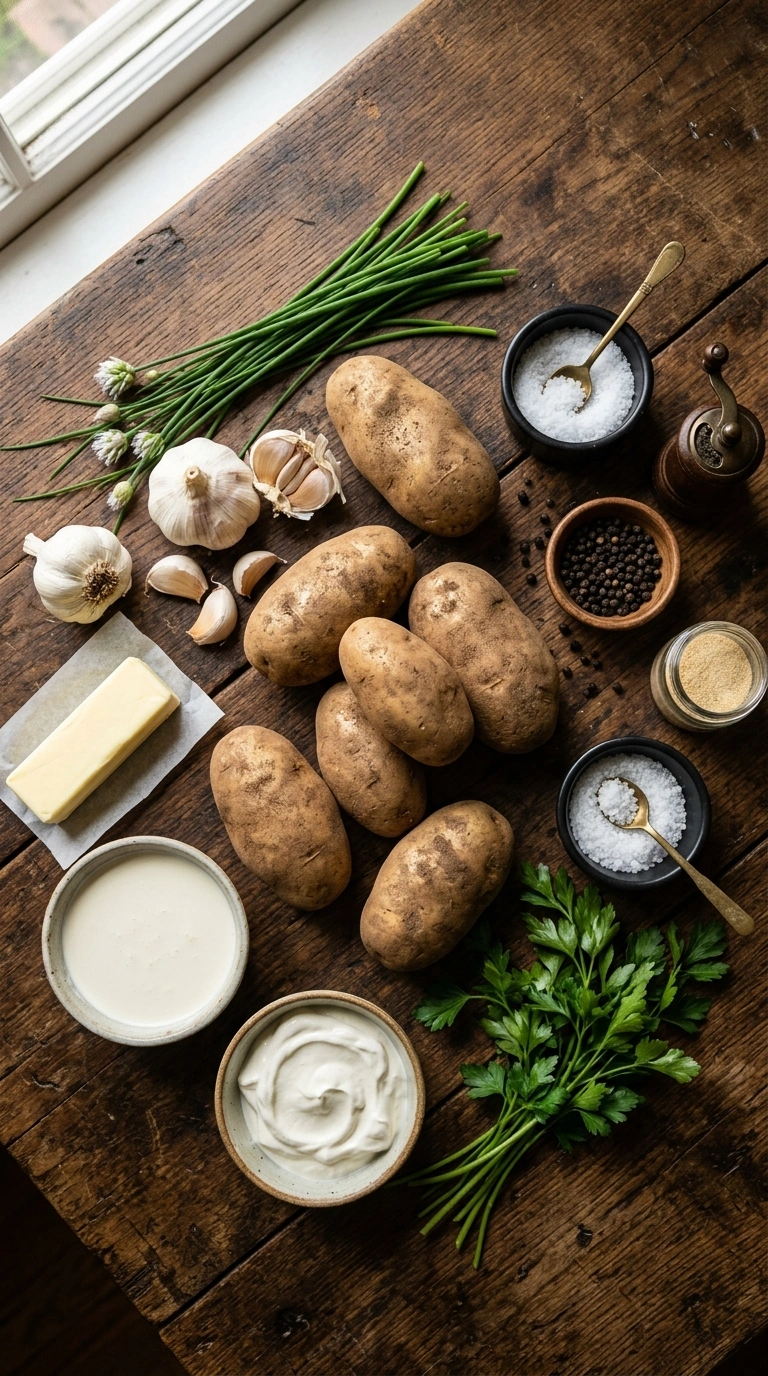Ingredients for thanksgiving garlic mashed potatoes crowd
