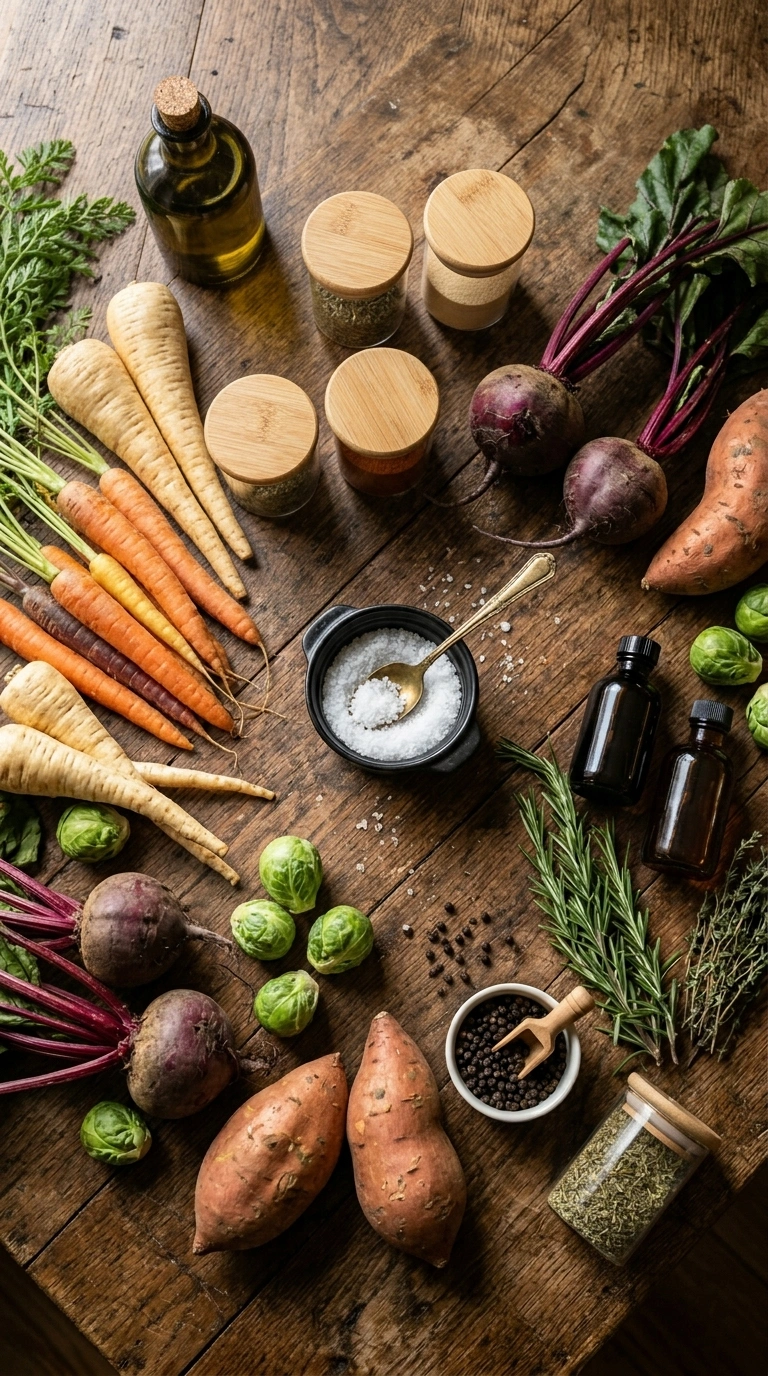 Ingredients for thanksgiving roasted root vegetables crowd