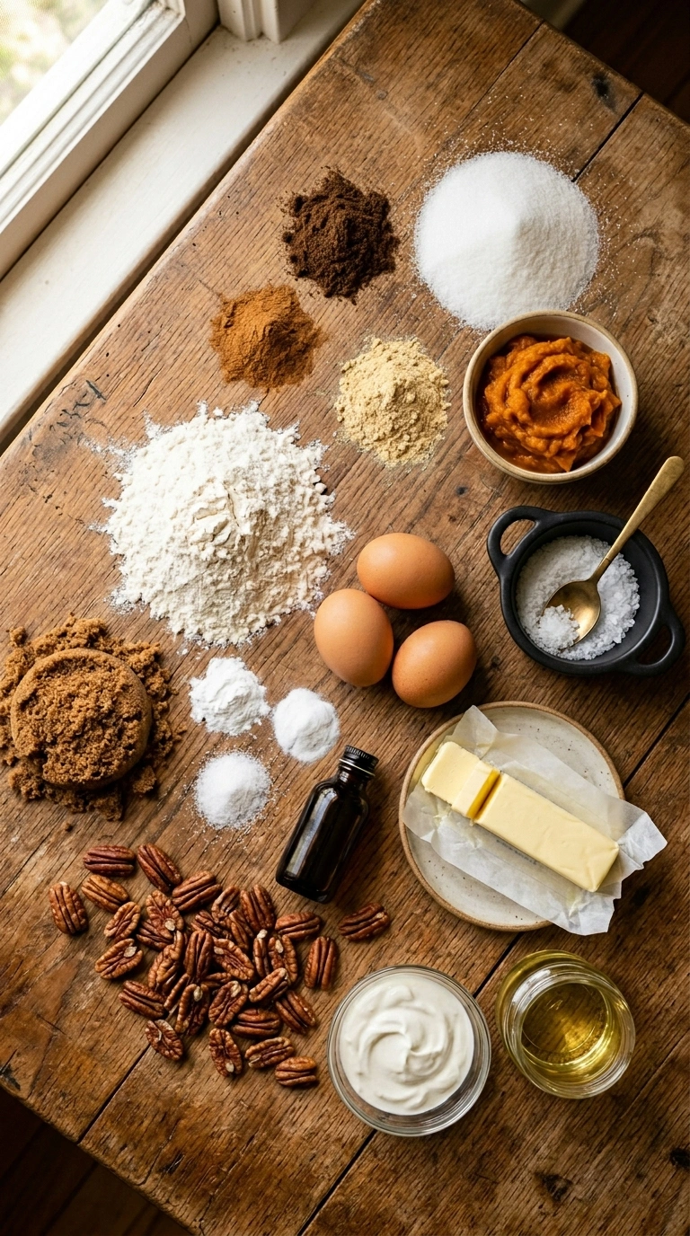 Ingredients for fall pumpkin coffee cake crowd