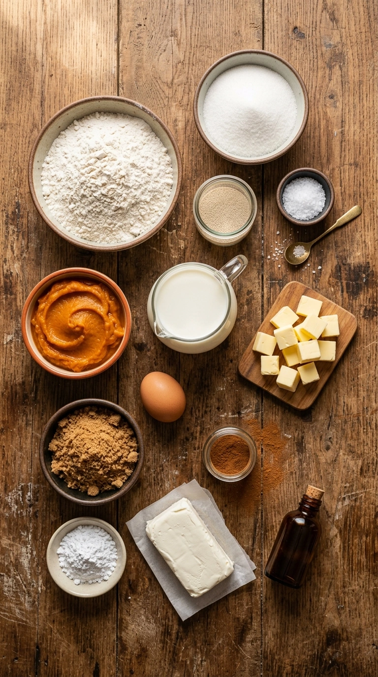 Ingredients for fall pumpkin cinnamon rolls crowd
