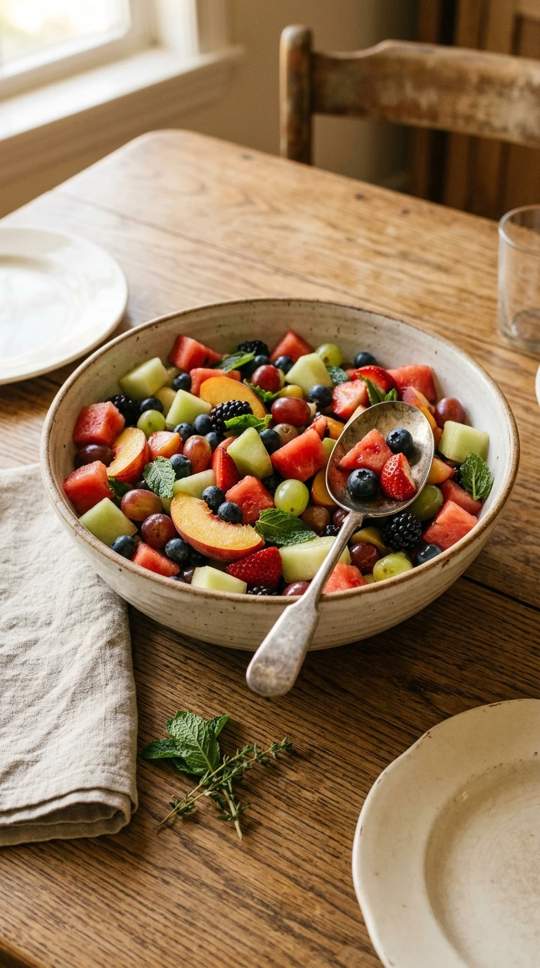 Generous serving of colorful fruit salad in clear glass bowl garnished with fresh mint leaves