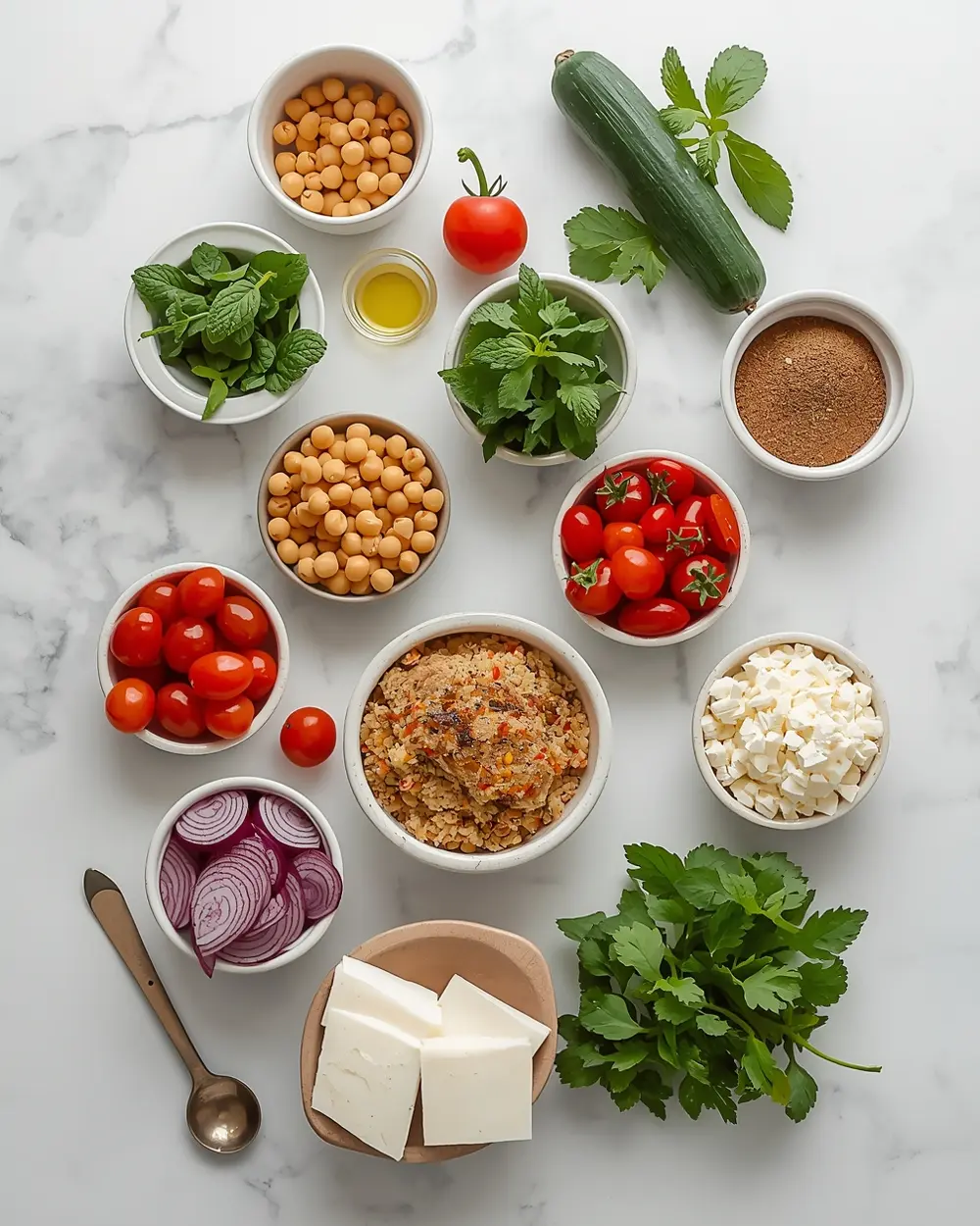 Ingredients for summer couscous salad crowd