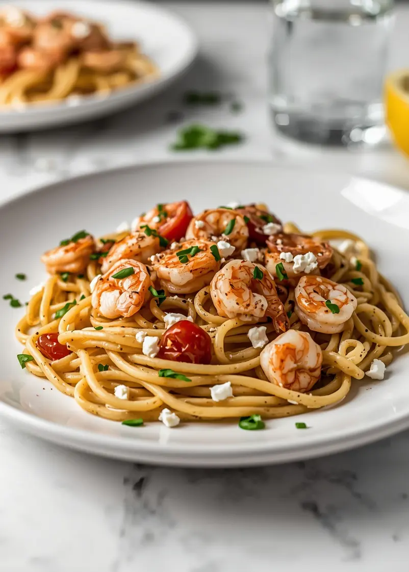 summer shrimp pasta crowd ready to serve