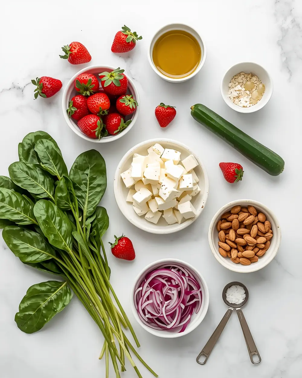 Ingredients for summer strawberry spinach salad crowd