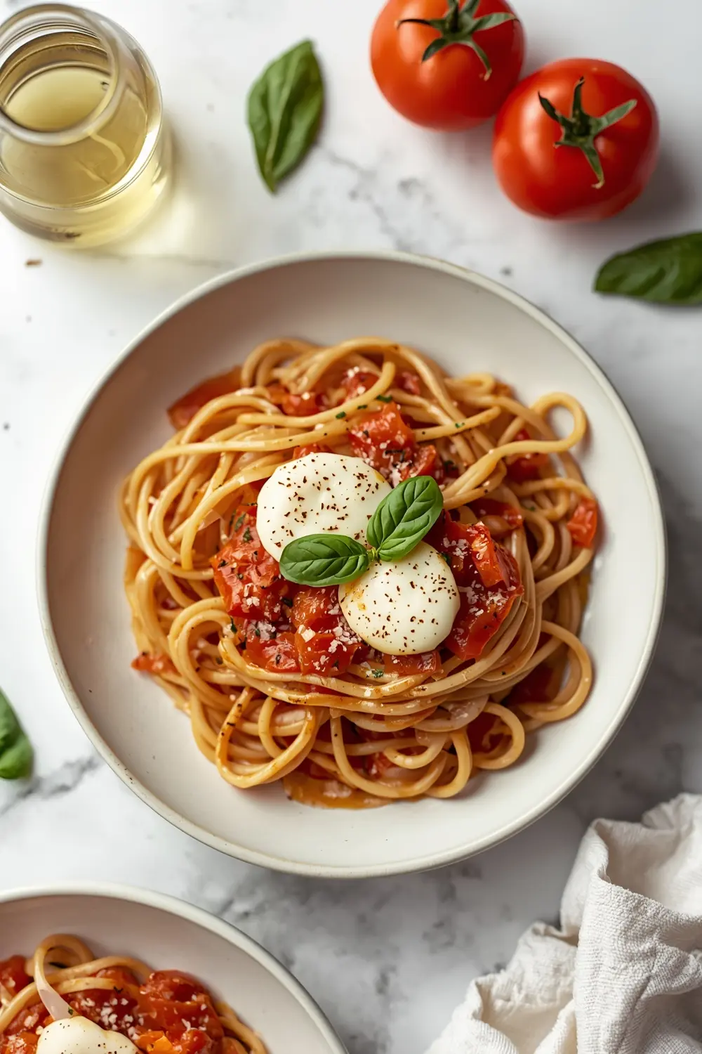 summer tomato basil pasta crowd