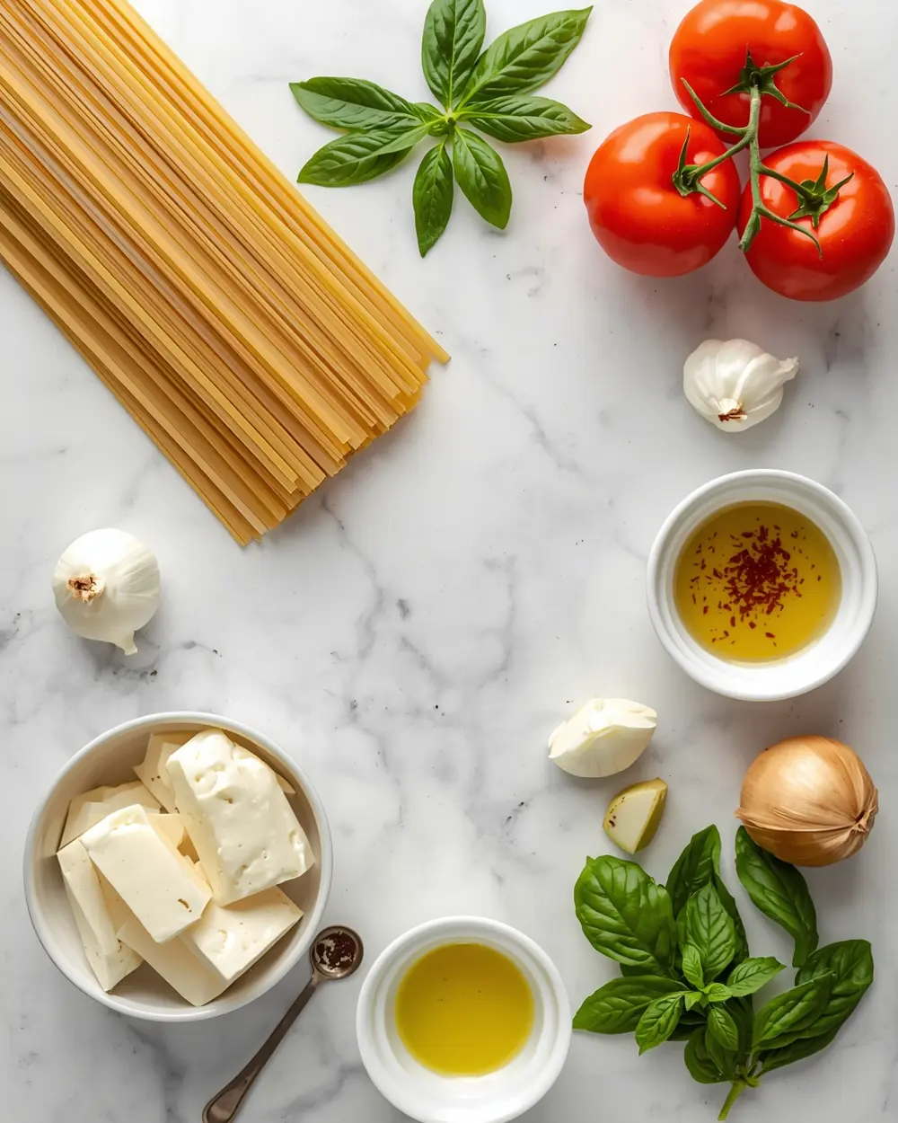 Ingredients for summer tomato basil pasta crowd